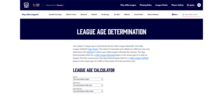 League Age Calculator